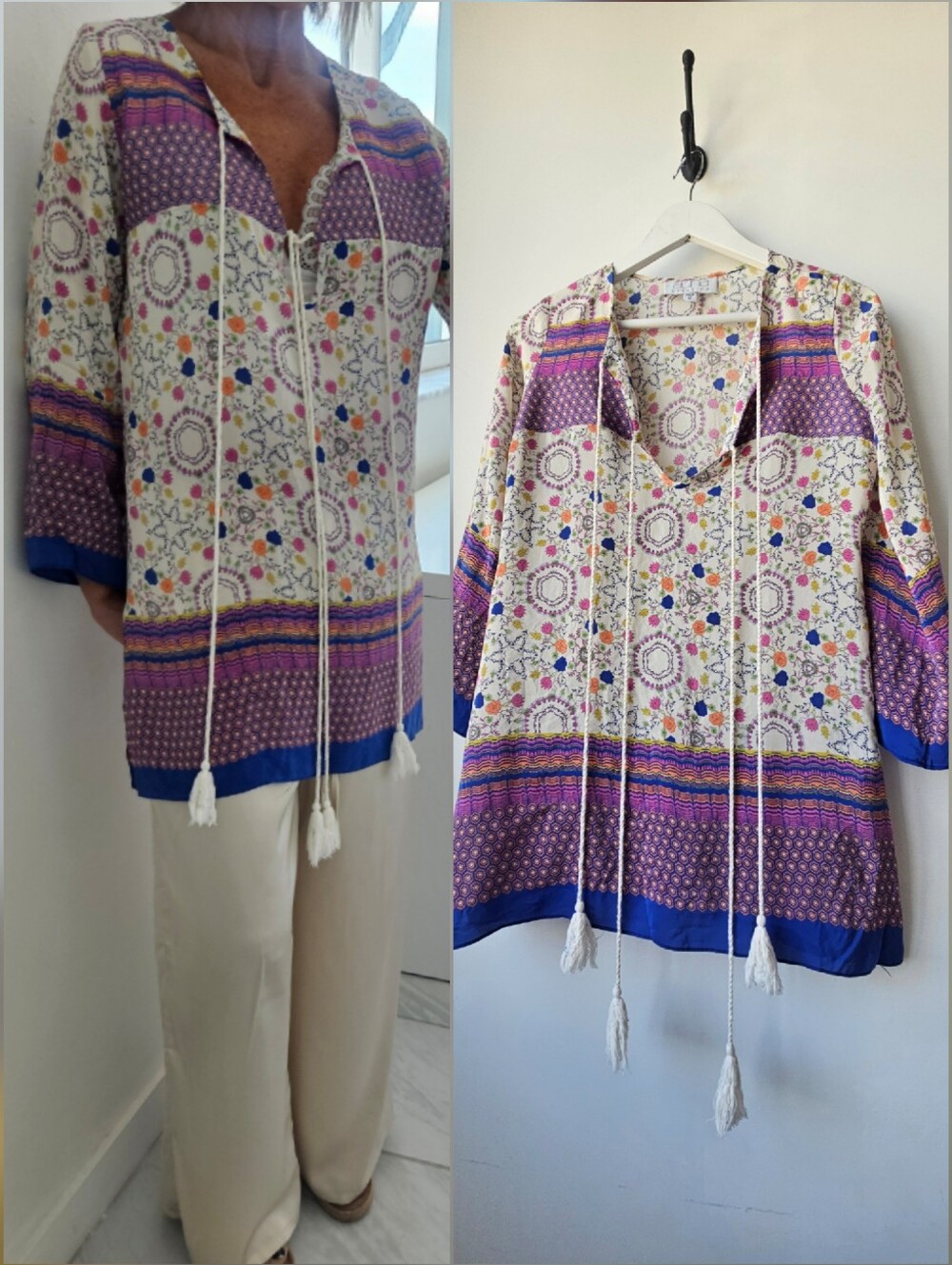 Atina Cristina Vintage Silk Colorful Boho Tassel V-Neck Long Sleeve Tunic Blouse